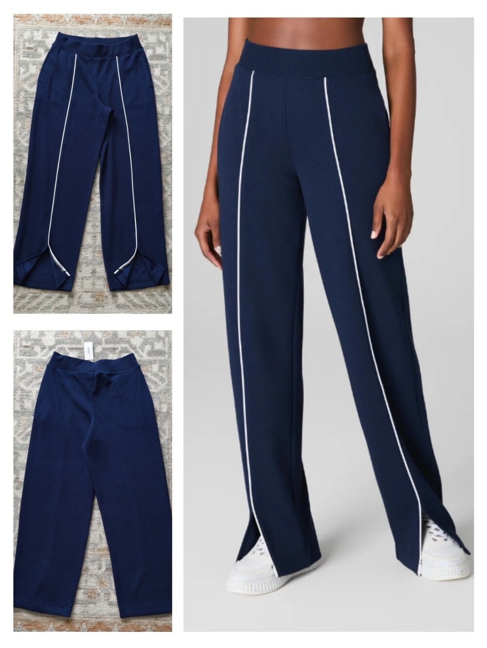 NWT SPANX Navy Wide-Leg Pique Ponte Track Pants with White Piping